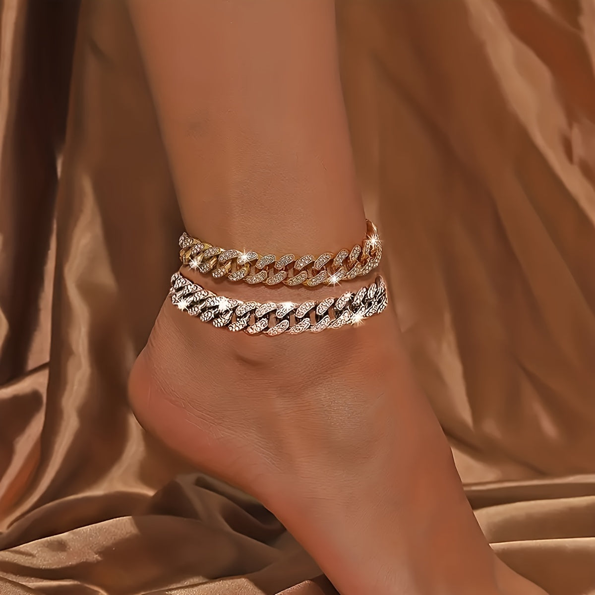 Iced-Out Hip Hop Cuban Link Chain Anklet, Sparkling Rhinestone, Perfect for Beach & Casual Attire, Ideal Mother's Day Gift
